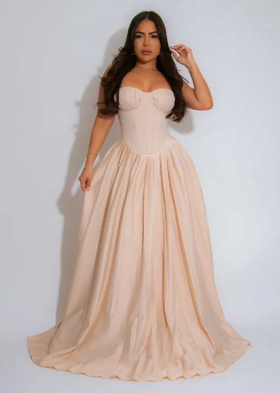 Chic for every occasion and style   The Royale Elegance Satin Maxi Dress Nude
