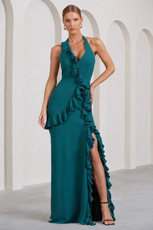 Designer-inspired women’s fashion at affordable prices   Morning | Bottle Green Ruffled Halter-Neck Split Maxi Dress