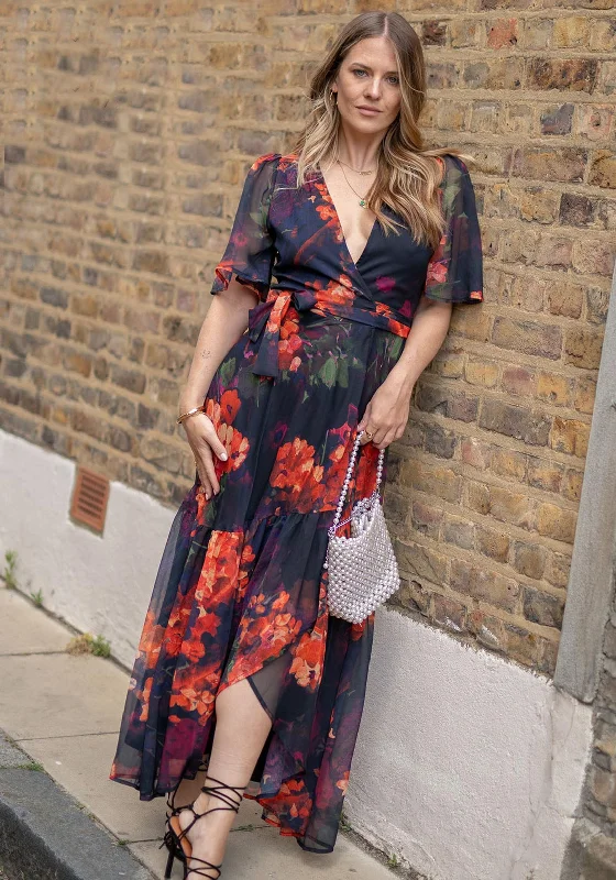 Versatile fashion options for every occasion   Hope & Ivy Nova Flutter Sleeve Floral Wrap Maxi Dress, Black and Orange