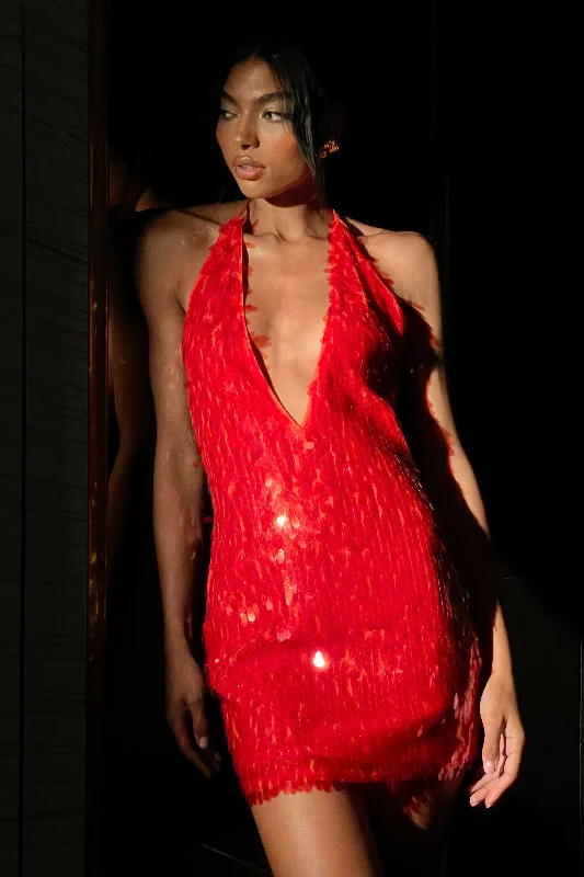 Clothing that’s as bold as you are   Primrose Sequin Halter Mini Dress - Firey Orange