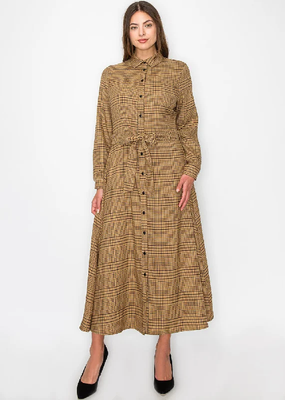 Effortlessly chic fashion for today’s woman   Camel Plaid Shirt Dress with Belt