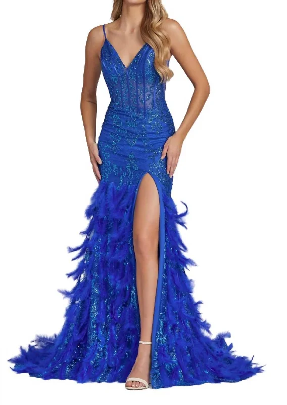 High-fashion styles at affordable prices   Glittered Long Prom Dress In Royal Blue